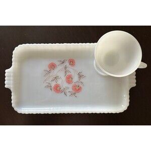 Vintage Anchor Hocking Fire King Milk Glass Fleurette Snack Plate and Cup Floral